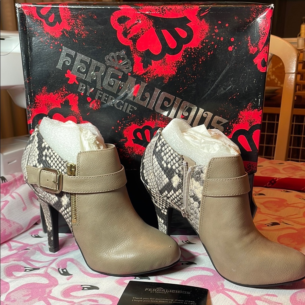 Fergie Tan and Gray Heeled Boots with Decorative Straps